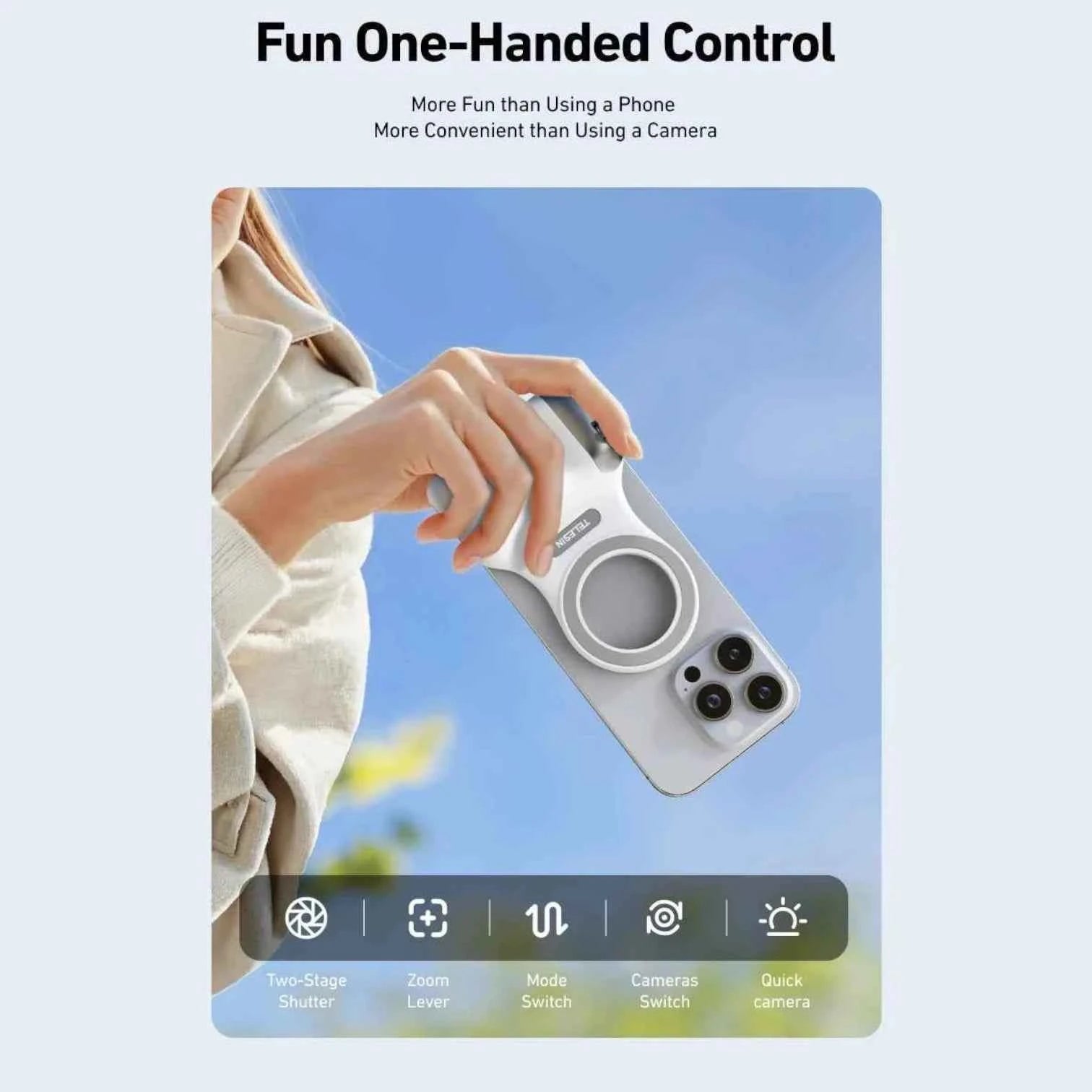 Magnetic Camera Grip White | Phone Holder & Remote Shutter Aid with MagSafe for iPhone, Google Pixel, Android Devices.