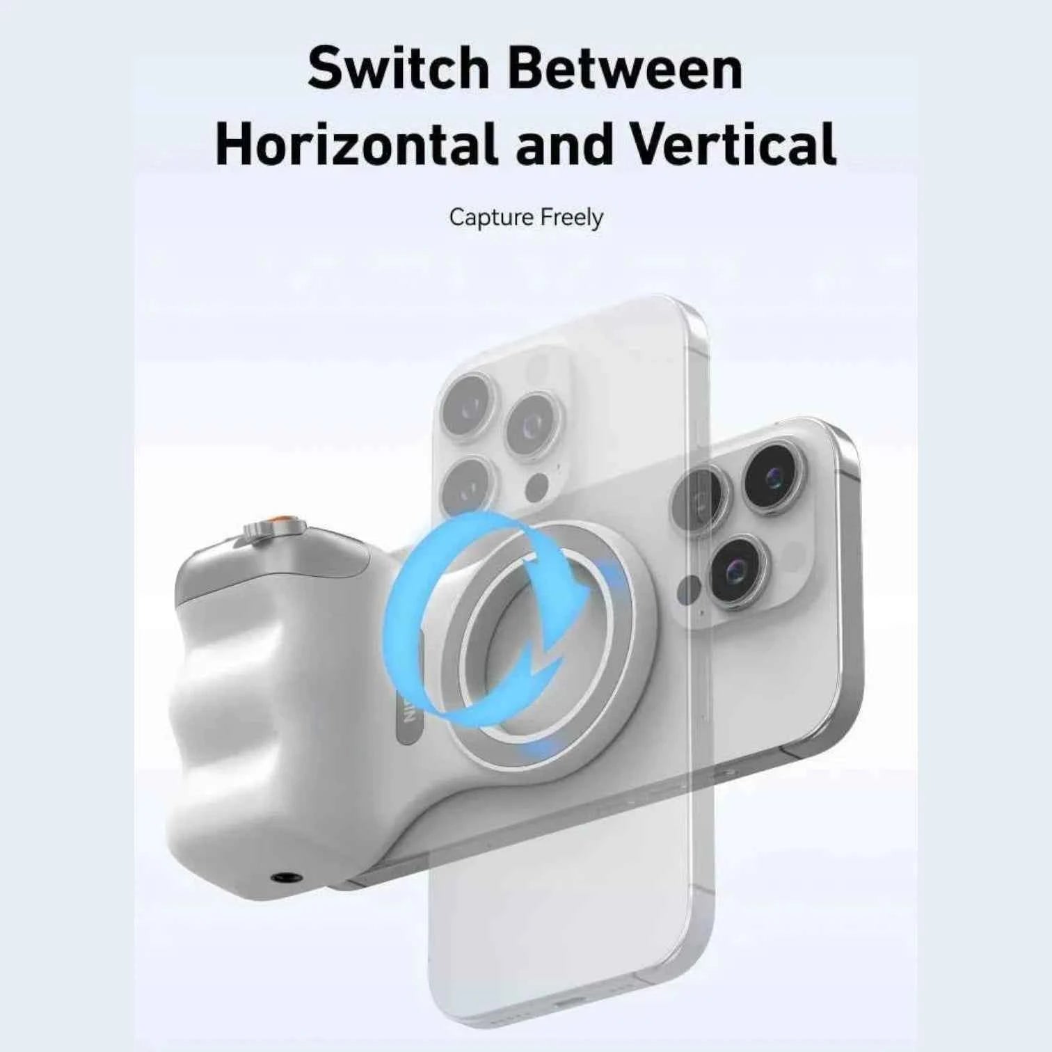 Magnetic Camera Grip White | Phone Holder & Remote Shutter Aid with MagSafe for iPhone, Google Pixel, Android Devices.