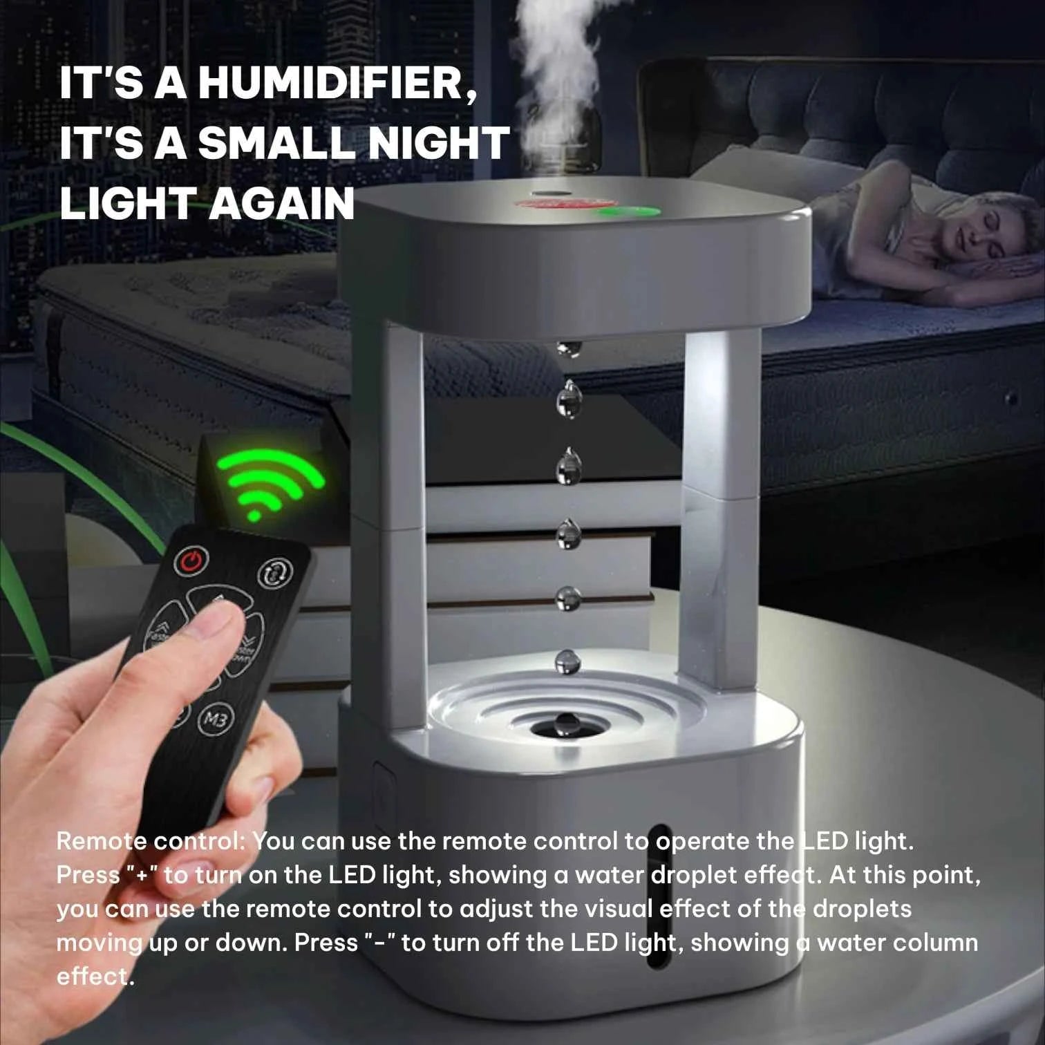Anti-Gravity Humidifier | Water Drop Backflow Effect Colorful LED Remote Control