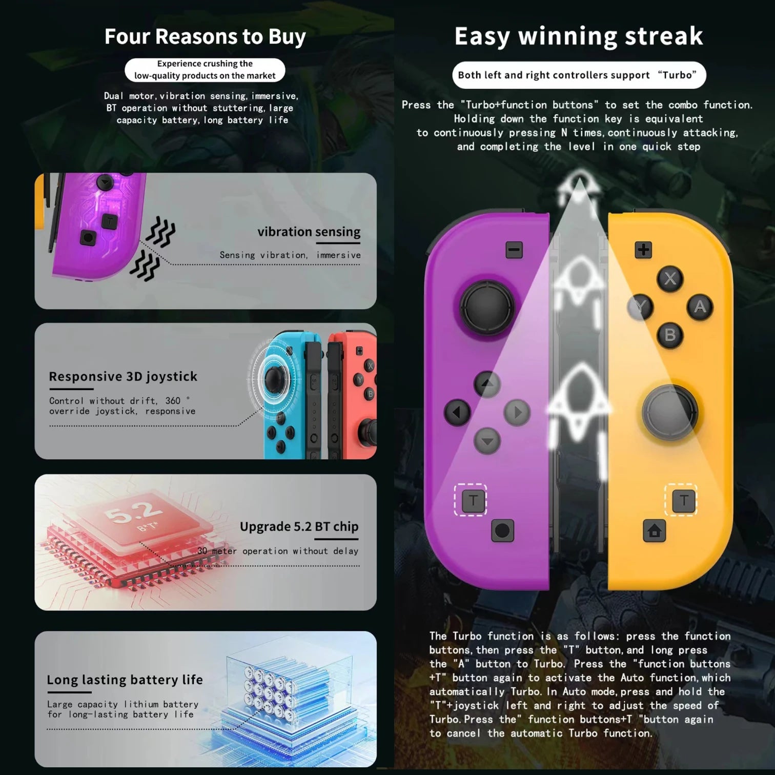 NS Joycons Controller Bluetooth Wireless Gamepad for Switch, Vibration, Turbo, Wake-Up, Gaming Handle & Joystick Control