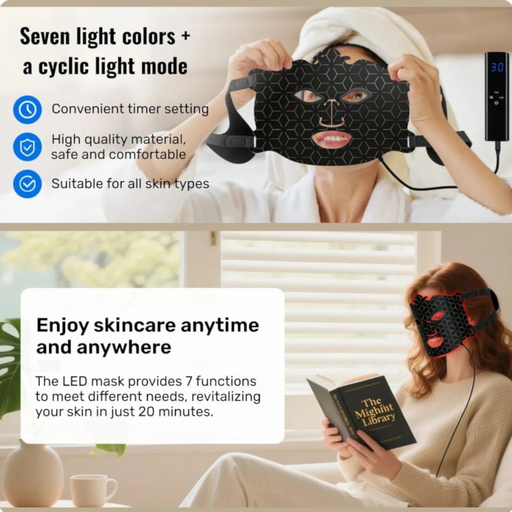 LED Facial Mask 7 Color Light Therapy Rechargeable With Remote 