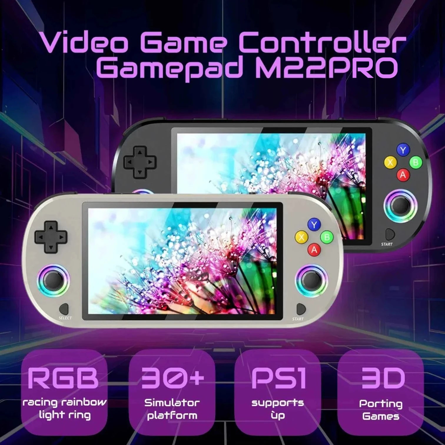 M22 Pro Retro Handheld Console Grey, 5-inch 1080P IPS Display, EmuELEC, 30K Games, Dual Controller Output