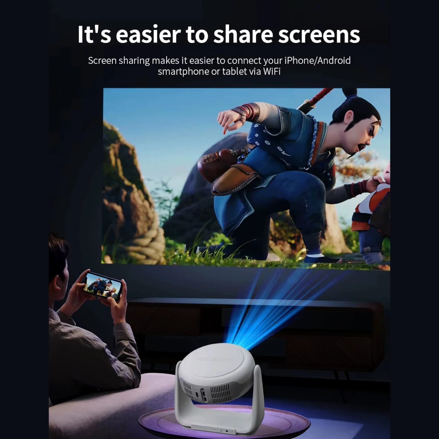 Rotating Projector Mini Smart Android 11 Home Cinema, 230 ANSI Lumens, 1080P Portable 4K Rechargeable Projector