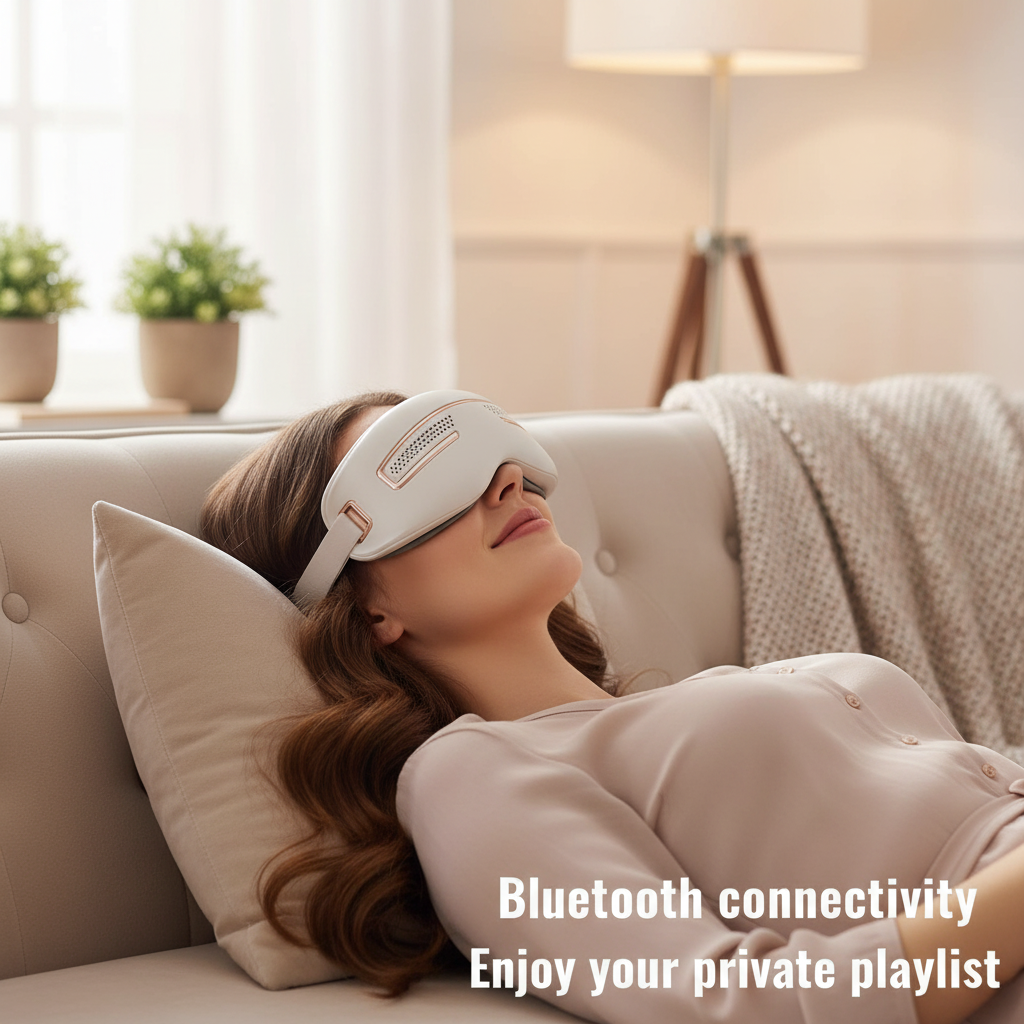 Woman relaxing on sofa with eye massager and Bluetooth 